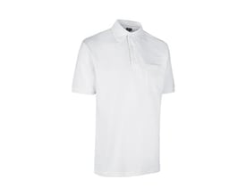 ID Identity Pro Wear poloshirt i hvid med brystlomme, størrelse S, fremstillet i slidstærkt materiale.