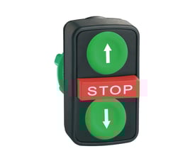 Schneider Electric Harmony XB5 trykknap med grønne pile op og ned samt rød stop-knap, Ø 22 mm i plast.