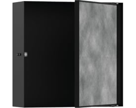 Hansgrohe vægniche i matsort med en åben, flisebar låge, der afslører et rustfrit stål interiør. Nichen måler 300x300x100 mm.