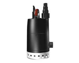 Grundfos Unilift CC9-M1 dykpumpe i sort med et sølvfarvet filter i bunden og en udgang på siden. Pumpen er udstyret med et 10 meter kabel og en praktisk bærehåndtag.