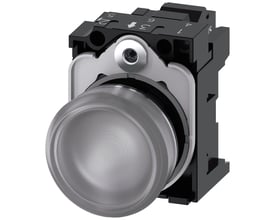 Siemens 22mm signallampe med rund, klar linse og metalramme, vist fra siden med tydelige monteringsdetaljer.