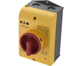 Eaton J-Range nødafbryder i sort og gul med rødt, aflåseligt håndtag og IP65-klassificering.