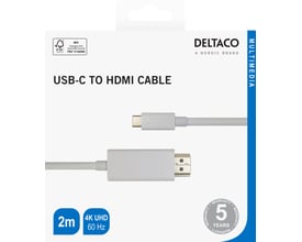 Emballagen til Deltaco USB-C til HDMI-kablet viser de hvide stik samt mærkninger for 2 meter og 4K UHD.
