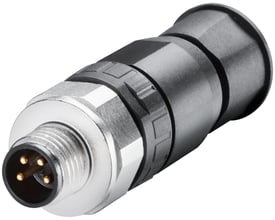 Siemens M8 strømstik med pin insert og 4 guld-belagte pins på en hvid baggrund.