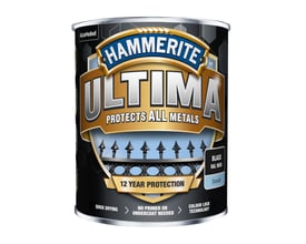 Hammerite Ultima sort RAL9005 750ml metalmaling, med 12 års beskyttelse og "Protects All Metals" slogan.