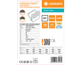 Teknisk grafik med stregtegning og specifikationer for Ledvance Floodlight Compact, en hvid projektør med multi lumen.