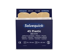 Salvequick plastplaster refill 6036 i mørkeblå emballage med beige plastre synlige øverst.