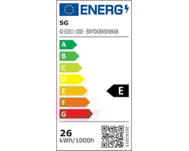 Energi-label for SG Armaturen Væglampe Piano 2000 LED, viser energiklasse E og et forbrug på 26 kWh/1000h.