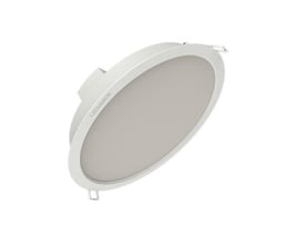 Hvid, rund Ledvance DN 190 IP44-downlight med 18 W og 1980 lm, vist skråt forfra med lysflade og monteringsclips.
