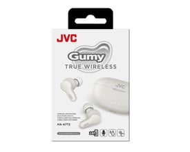 JVC Gumy True Wireless HA-A7T2 in-ear earbuds i hvid, vist i deres salgsemballage med produktnavn og ikon for 24 timers batteritid.