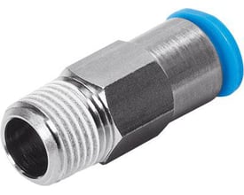 Festo lige-forskruning QSK-1/8-6 i metal med blå push-in fitting, har udvendig gevind og sekskant.