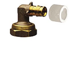Uponor Q&E overgangsvinkel med omløber i afzinkningsfri messing, 18 mm til 3/4 tomme, med løs ring.