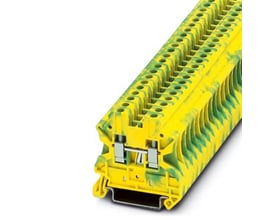 Nærbillede af Phoenix Contact Jordklemme UT 4-PE, der viser skrueterminalerne og monteringsklemmen til DIN-skinne.