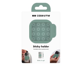 Grøn silikone smartphone holder med sugekopper fra case & me på emballage, vist med illustrationer af brug.