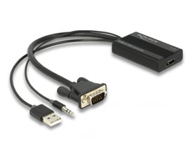 DeLock HDMI til VGA adapter med audio, sort, 25 cm kabellængde med USB strømstik og lydudgang.