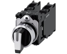 Siemens Sirius ACT vælgerkontakt i metal og hvid plast med 2x1NO - 1NC kontakter og fjederklemme, 22 mm diameter.