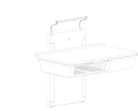 Pressalit papirrulleholder i børstet stål, vist som en del af et væghængt puslebord med dimensioner 750 x 135 x 40 mm.