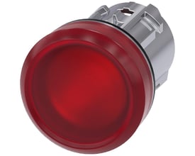 Siemens 22mm signallampe i rød med højglans metalhus og glat linse, vist fra siden på hvid baggrund.