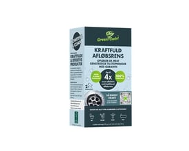 Produktboks for GreenSwirl kraftfuld afløbsrens med tydelig mærkning om effektivitet og nedbrydelighed.