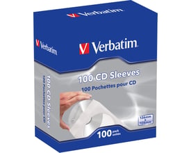 Verbatim papirlommer til 100 CD'er/DVD'er, 126mm x 126mm, vist i en blå pakke med transparent vindue, hvor en hånd holder en CD.