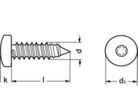 Tegning af syrefast A4 panhoved pladeskrue 4,8x50 mm med torx-kærv og mål på skruens dimensioner.