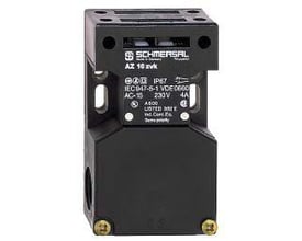 Schmersal AZ 16ZVRK nøgleafbryder med separat aktuator, sort kunststof hus med IP67 mærkning og mærkninger for elektriske specifikationer.