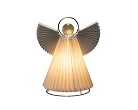 Ren hvid baggrund med belyst Konstsmide papirengel dekoration på 26 cm højde, med gyldne detaljer og hvide vinger.