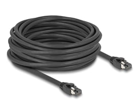Sort Delock RJ45 netværkskabel Cat.8.1 S/FTP på 10 meter, spoleret op med stik i hver ende, på hvid baggrund.