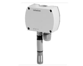 Siemens QFA3160 rumføler til fugt- og temperaturmåling med DC 0-10V output, hvidt kabinet med grå sensorprobe.