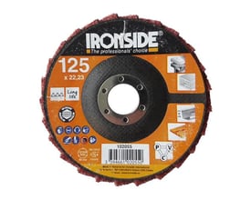 Ironside polerrondel, 125 x 22 mm, medium, set forfra med orange mærkat, rød slibekant og centerhul.