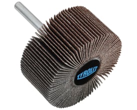 Tyrolit PREMIUM A-P01CX slibevifte i aluminiumoxid, K120, med tætte slibelameller og metalskaft, set skråt forfra.