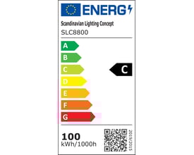 Energimærke for SLC Vector 262 High Bay LED, 100W, med energiklasse C og et forbrug på 100 kWh/1000h.