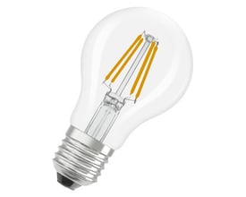 Klar LED standardpære med synlig filament og E27-fatning, 3,4W og 470 lumen.