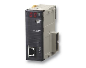 Omron CJ1W-NC281 position controlenhed med EtherCAT-kommunikation og digital display viser 00.