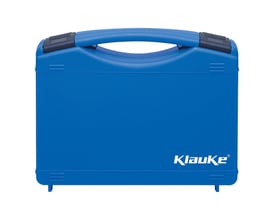 Klauke plastkuffert til presseindsatser serie 22 i blå med bærehåndtag og logo på hvid baggrund.