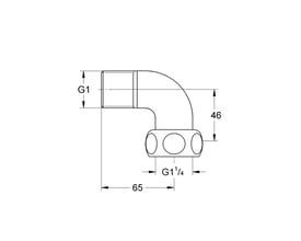 Teknisk tegning af Grohe tilslutningsvinkel med mål for gevindstørrelser 1 1/4" og G1 samt dimensioner 65 mm og 46 mm.