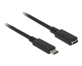 Sort Delock USB Type-C-forlængerkabel med han- og hunstik, set skråt med begge stik synlige.