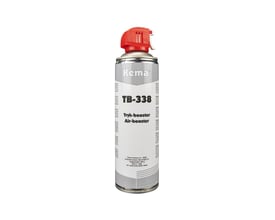 Bagside af Kema TB-338 trykluftspray dåse, der viser produktinformation og vejledning på forskellige sprog i hvid baggrund.