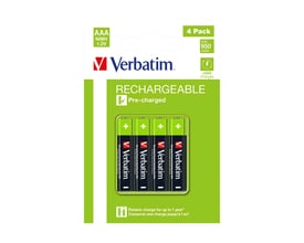 Verbatim genopladelige AAA-batterier, 4 stk i pakke, med angivelse af 1,2V NiMH og 950 mAh.