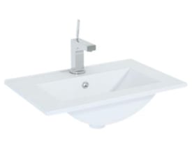 Hvid Royo IMAGE-håndvask E-8009-90 til 90 cm møbelskab, vist skråt forfra med armatur synligt bagpå.
