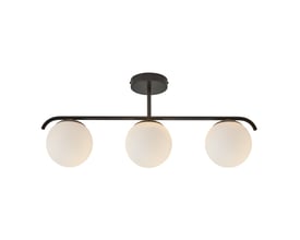 Nordlux Grant 3 loftlampe i sort metal med tre runde, hvide glaskuplere, præsenteret på hvid baggrund.