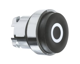 Sidevisning af Schneider Electric trykknap, model ZB4BL232, med fokus på den ophøjede sorte knap og krombeslag.