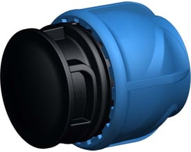 Georg Fischer iJOINT plastfitting slutmuffe med kompressionskobling til 90 mm PE-rør, fremstillet af blå polypropylen.