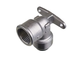 Roth dækvinkel 15mm x 1/2" vist fra siden i rustfrit stål med tydelig monteringsplade og muffesamling.