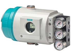 Siemens SIPART PS2 positioner med aluminiumshus, digitalt display og tre trykmålere synlige.