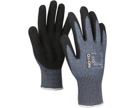 Bagside af Boisen Safety Cut Comfort 9300 skærehandske, viser blå tekstil og mærker for CE, EN388 og cut D.