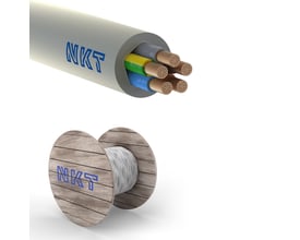NKT NOIKLX 90 installationskabel 5G6 Eca T250 med lysegrå kappe; den åbne ende viser fem farvede ledere med kobbertråde.