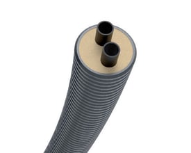 Brugg Pipes Flexstar Duo rør 25+25/90mm, 15 meter, isoleret med PUR skum og grå bølget kappe.