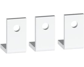 Tre Schneider Electric vinklede terminaltilslutninger til bagtilslutning, monteret på en hvid overflade.