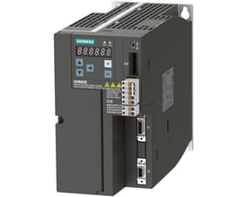 Siemens SINAMICS V90 frekvensomformer med Profinet, 1.5kW, 400V, vist forfra med kontrolpanel og tilslutningsmuligheder.